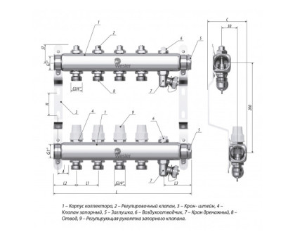 Коллектор нерж. Wester W903 1-3/4 в сборе на 9 выходов с 2 заглушками
