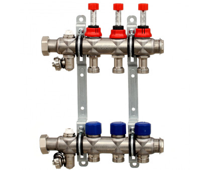 Коллекторная группа ELSEN, 1", 3 контура, размер отвода-3/4", с вентилями и расходомерами, нержавеющая сталь