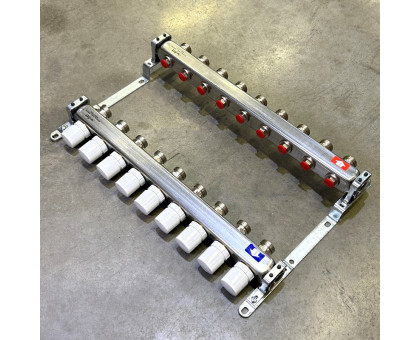 Коллекторная группа 1" Uni-Fitt 451B нерж. сталь с балансировочными и термостатическими вентилями без концевиков 9 выходов 3/4"