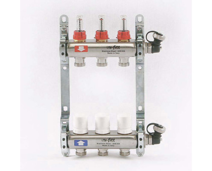 Коллекторная группа из нержавеющей стали с термостатическими вентилями и расходомерами UNI-FITT 1"x3/4"ЕК 3 выхода