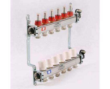 Коллекторная группа из нержавеющей стали с термостатическими вентилями и расходомерами UNI-FITT 1"x3/4"ЕК 6 выходов