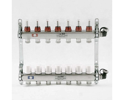 Коллекторная группа из нержавеющей стали с термостатическими вентилями и расходомерами UNI-FITT 1"x3/4"ЕК 7 выходов